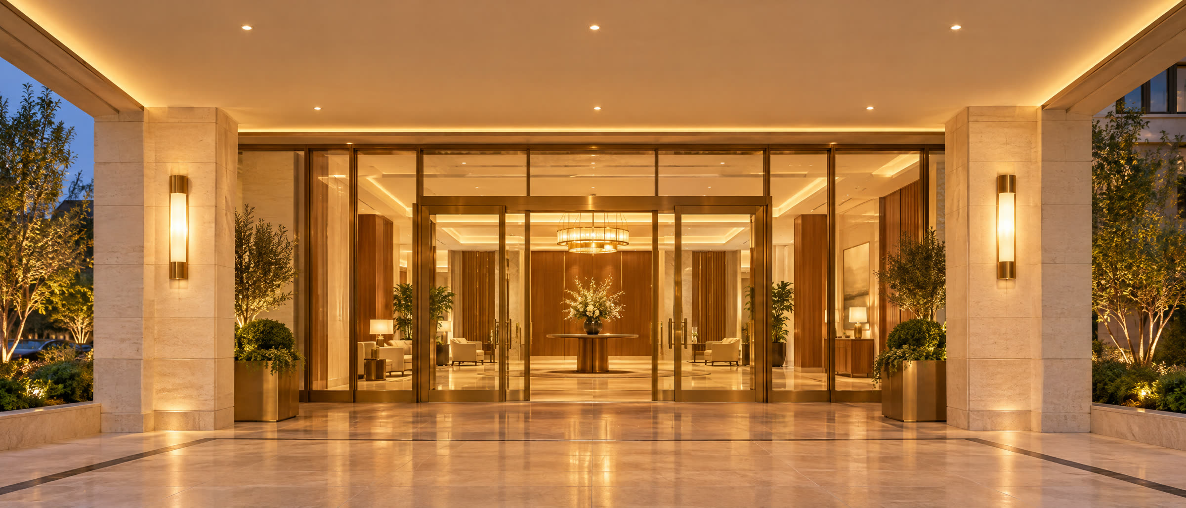 A warmly lit premium building lobby