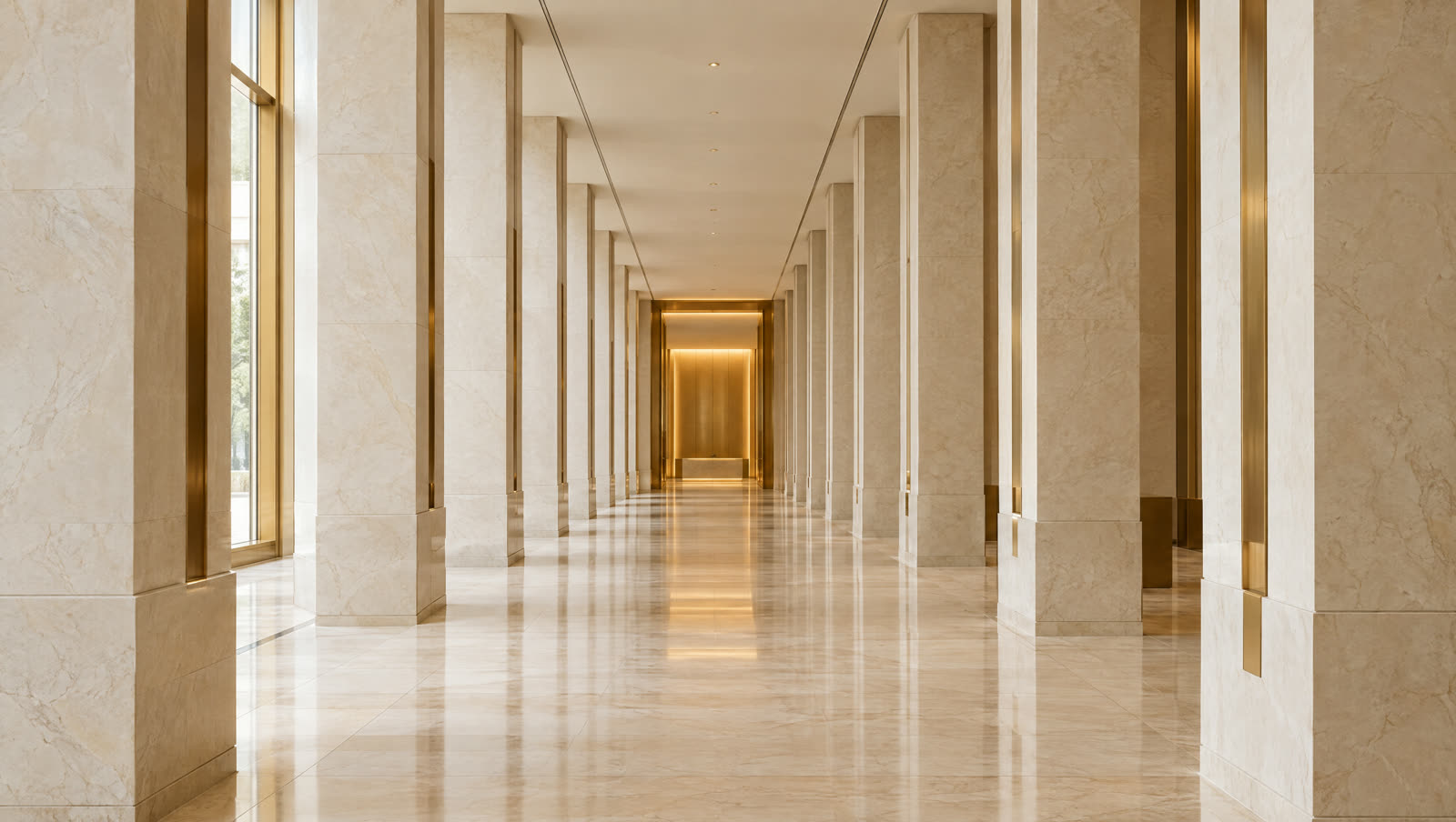 A sunlit marble corridor leading toward a warm brass-lit doorway