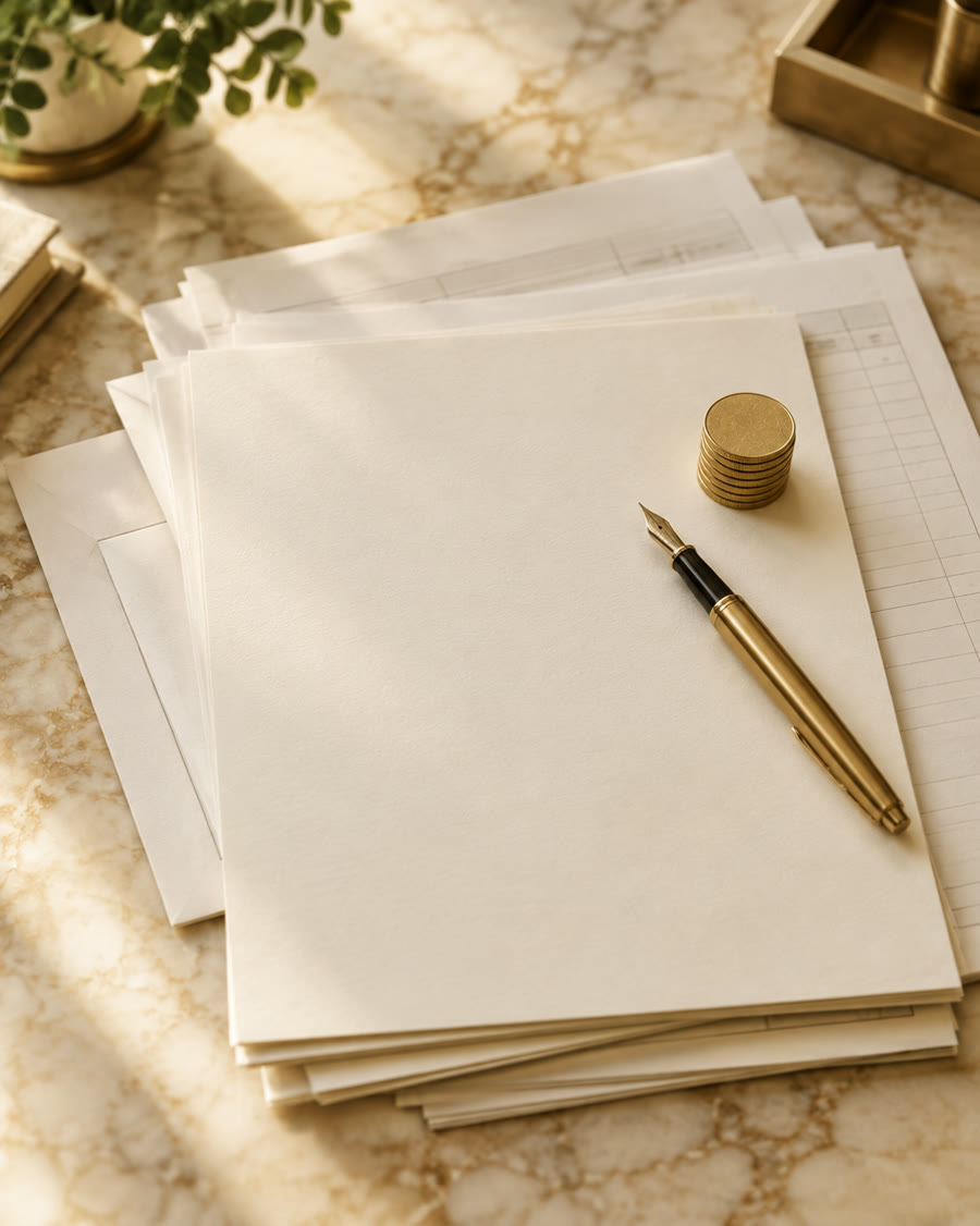 A brass pen and stacked coins resting on demand letters