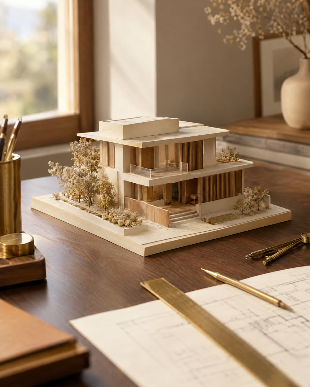 An architectural scale model of a residential building