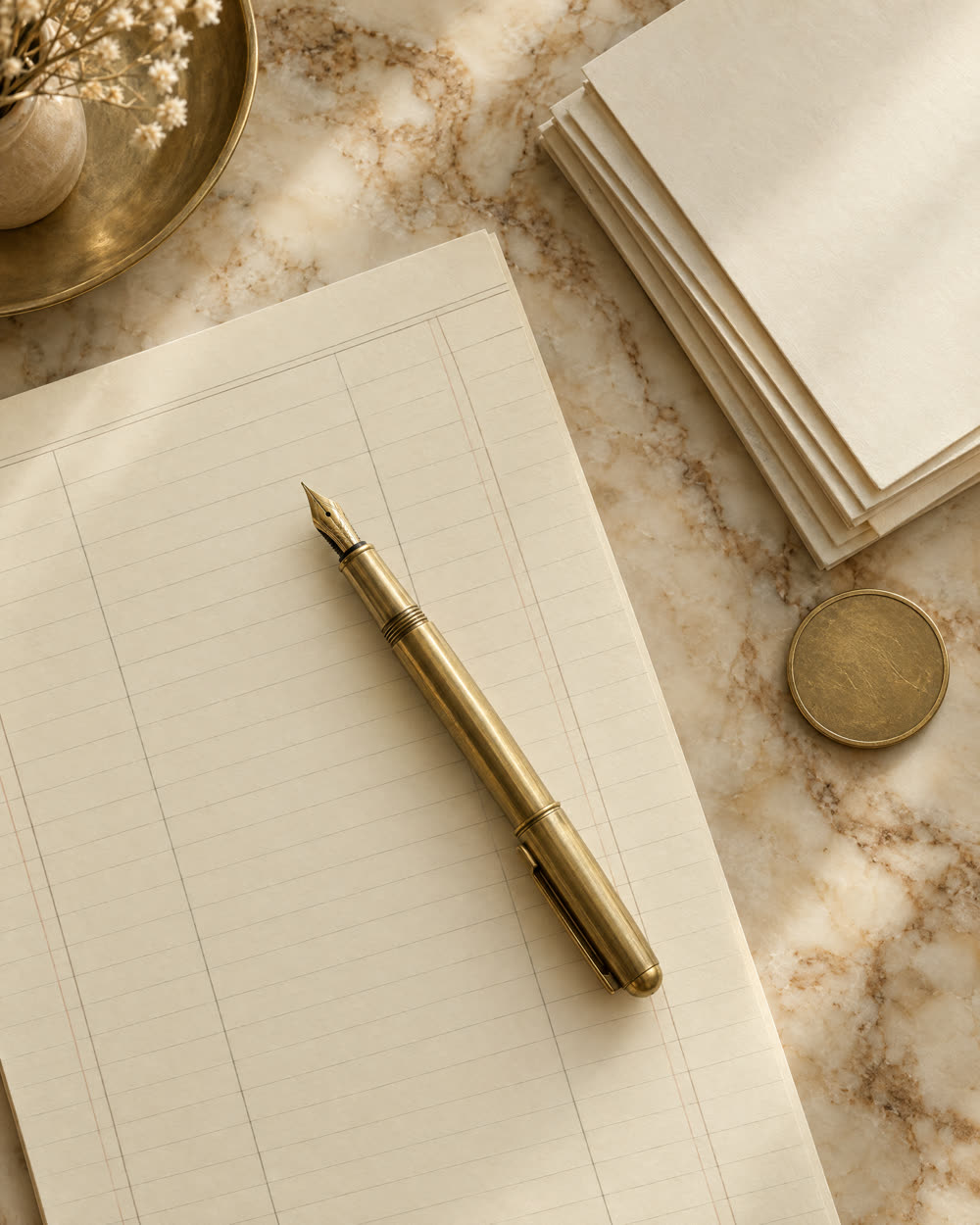 A fountain pen resting on a financial ledger