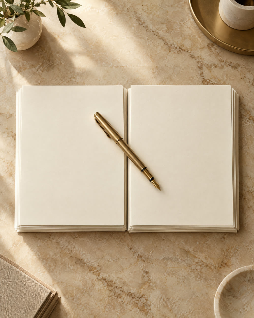 Two stacks of documents meeting at a desk with a pen across them