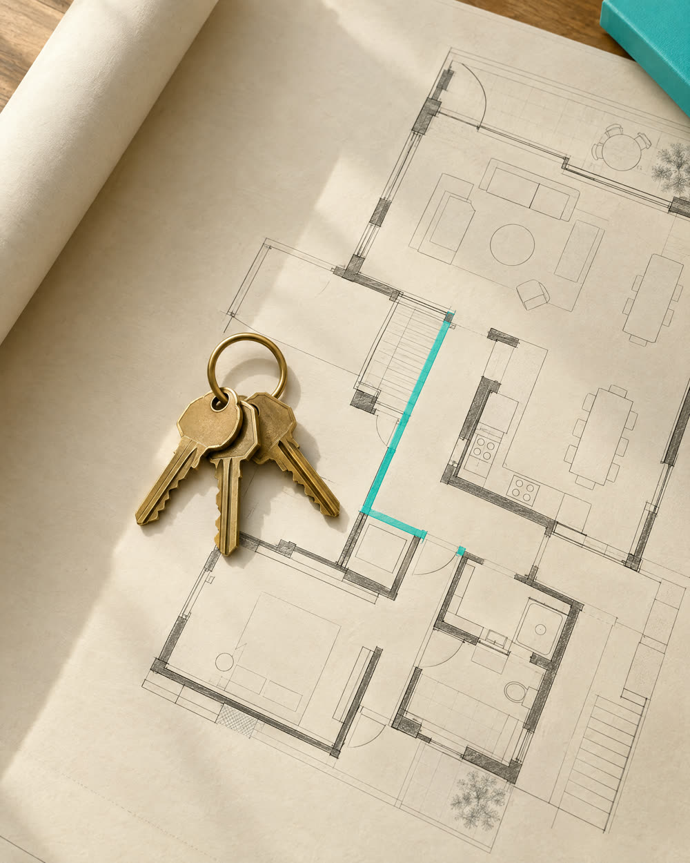 Brass keys resting on an architectural blueprint