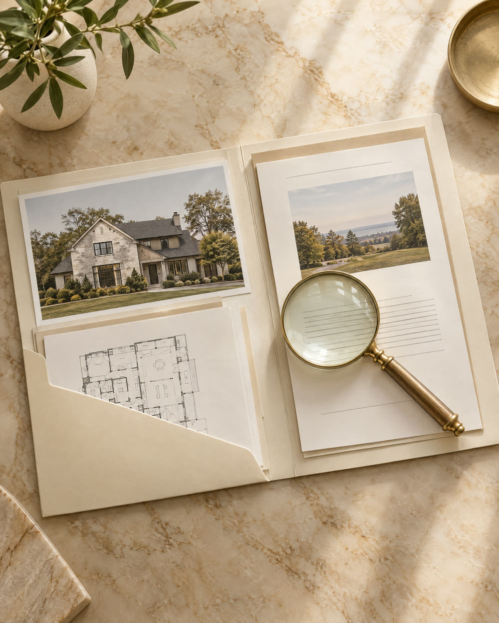 A folder of property documents with a magnifying glass
